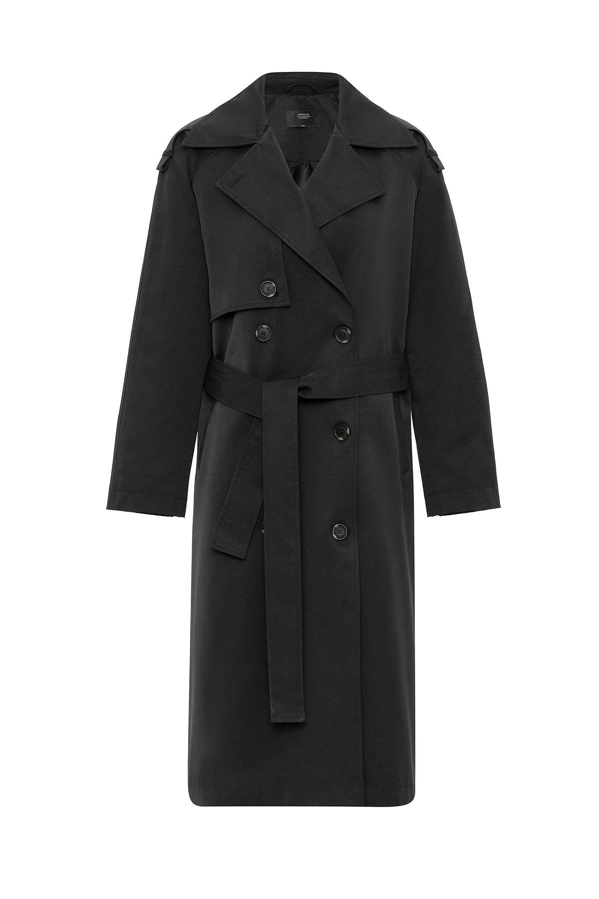 Antioch Siyah Kadın Kemerli Uzun Trençkot