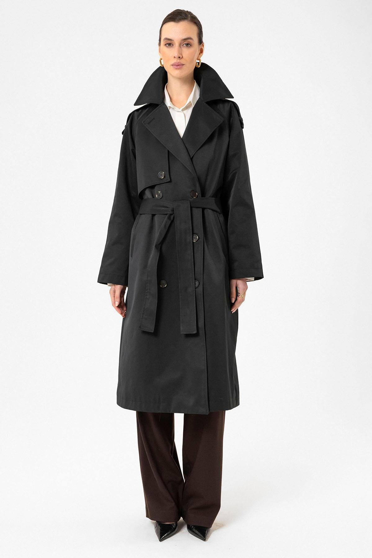 Antioch Siyah Kadın Kemerli Uzun Trençkot
