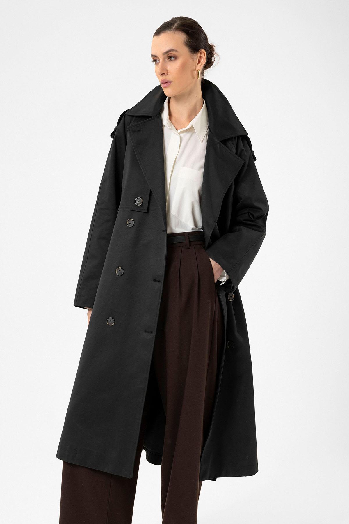 Antioch Siyah Kadın Kemerli Uzun Trençkot