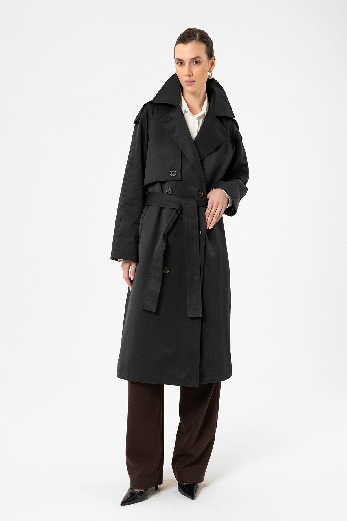 Antioch Siyah Kadın Kemerli Uzun Trençkot