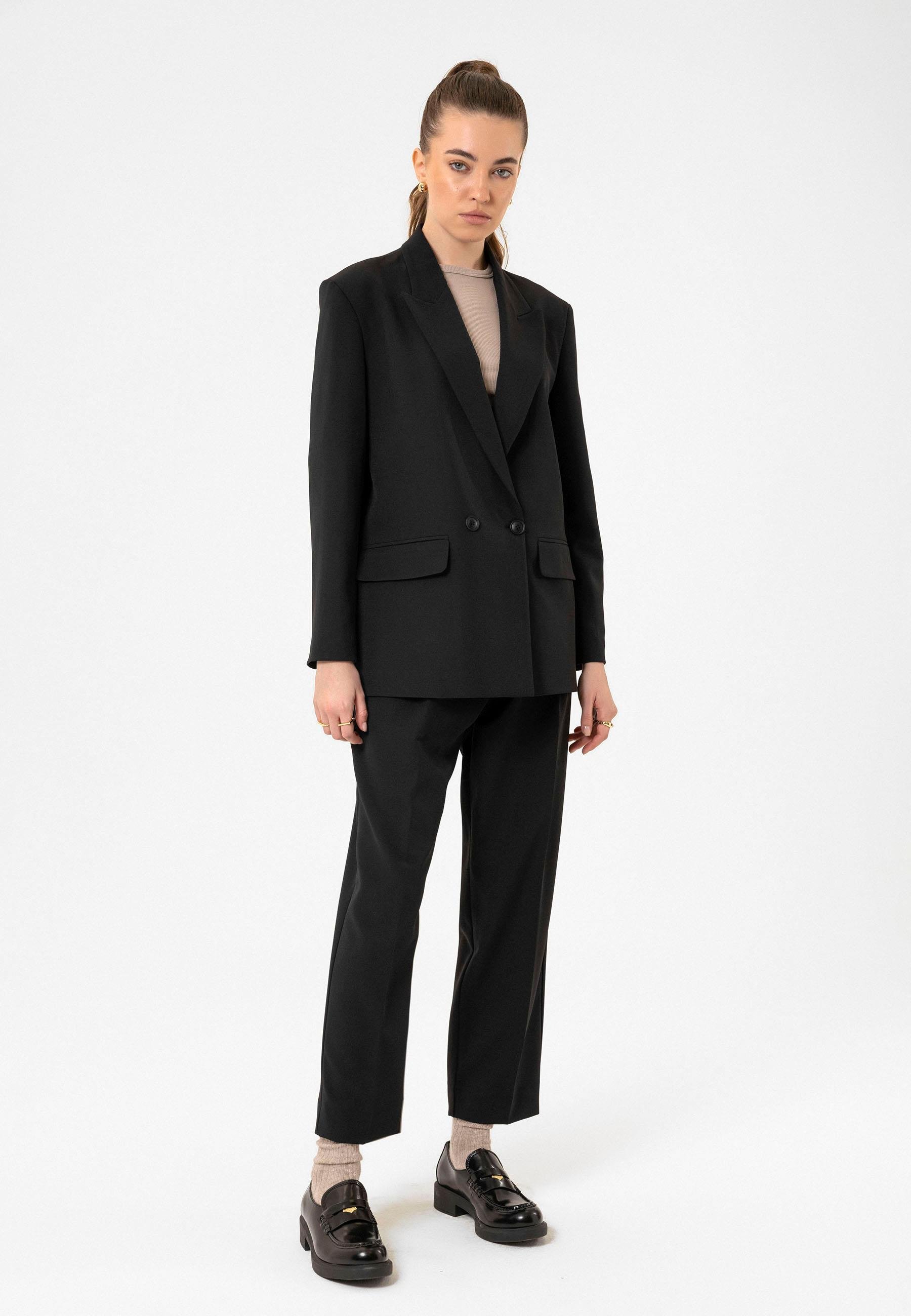 Antioch Siyah Kadın Kruvaze Kapama Oversize Blazer Ceket