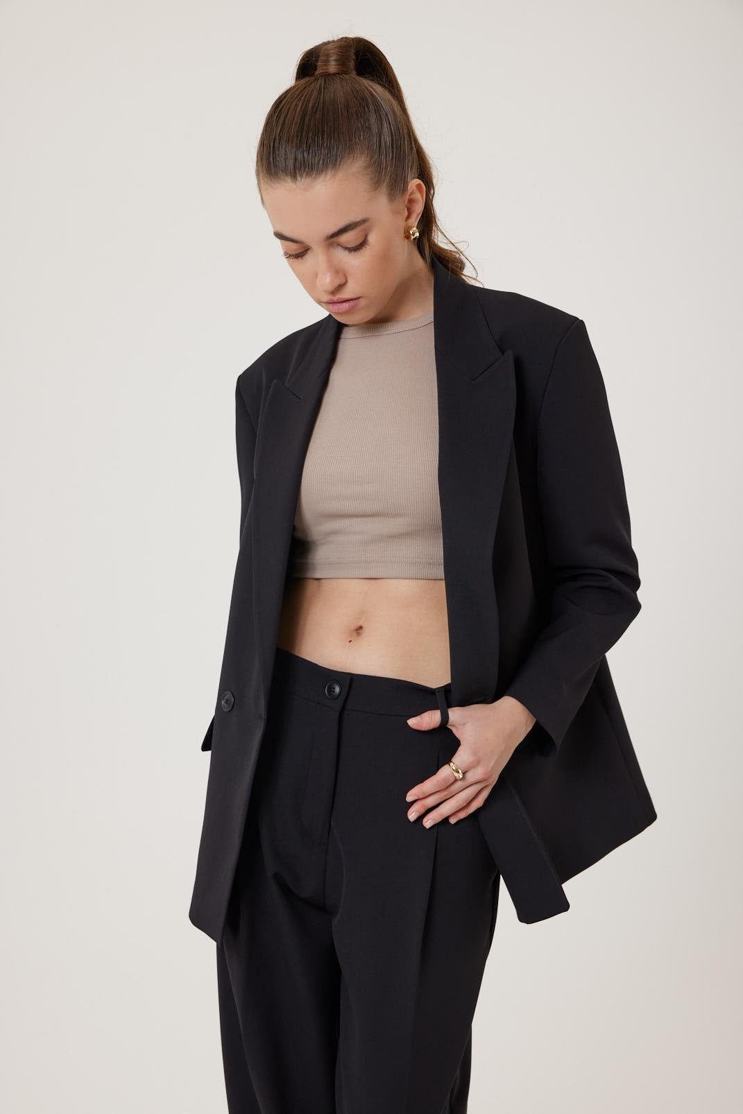 Antioch Siyah Kadın Kruvaze Kapama Oversize Blazer Ceket