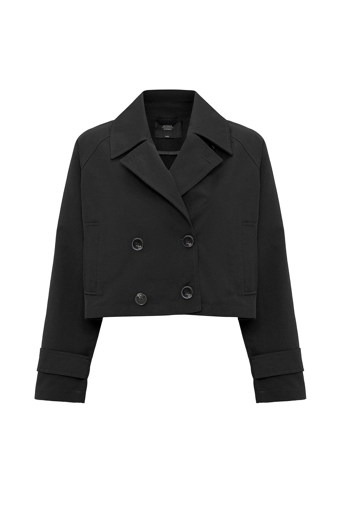 Antioch Siyah Kadın Kruvaze Kısa Trençkot