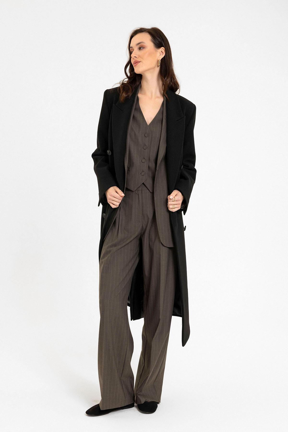 Antioch Siyah Kadın Kruvaze Uzun Kaban