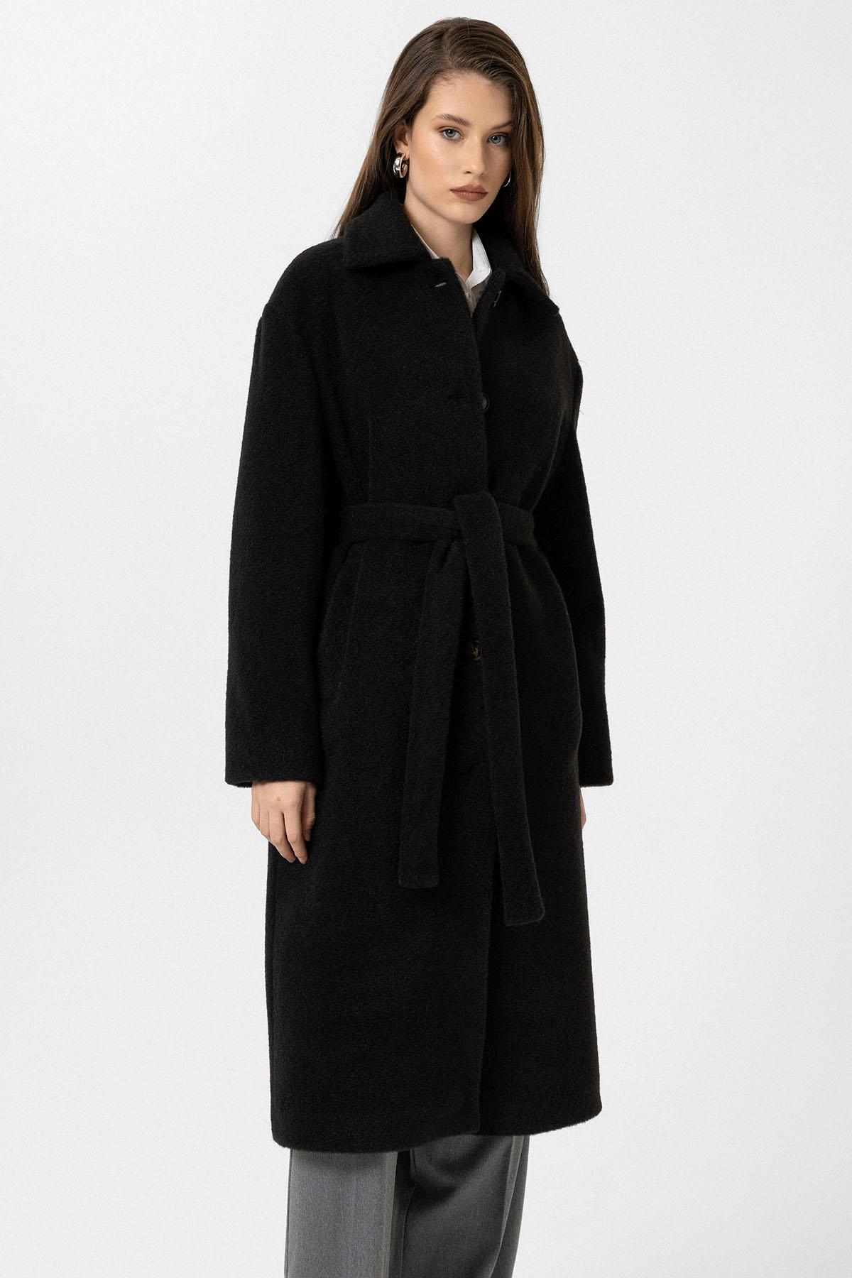 Antioch Siyah Kadın Kuşaklı Yumuşak Dokulu Kaban