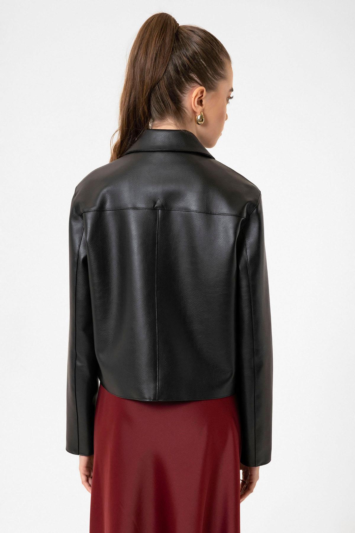 Antioch Siyah Kadın Polo Yaka Suni Deri Ceket