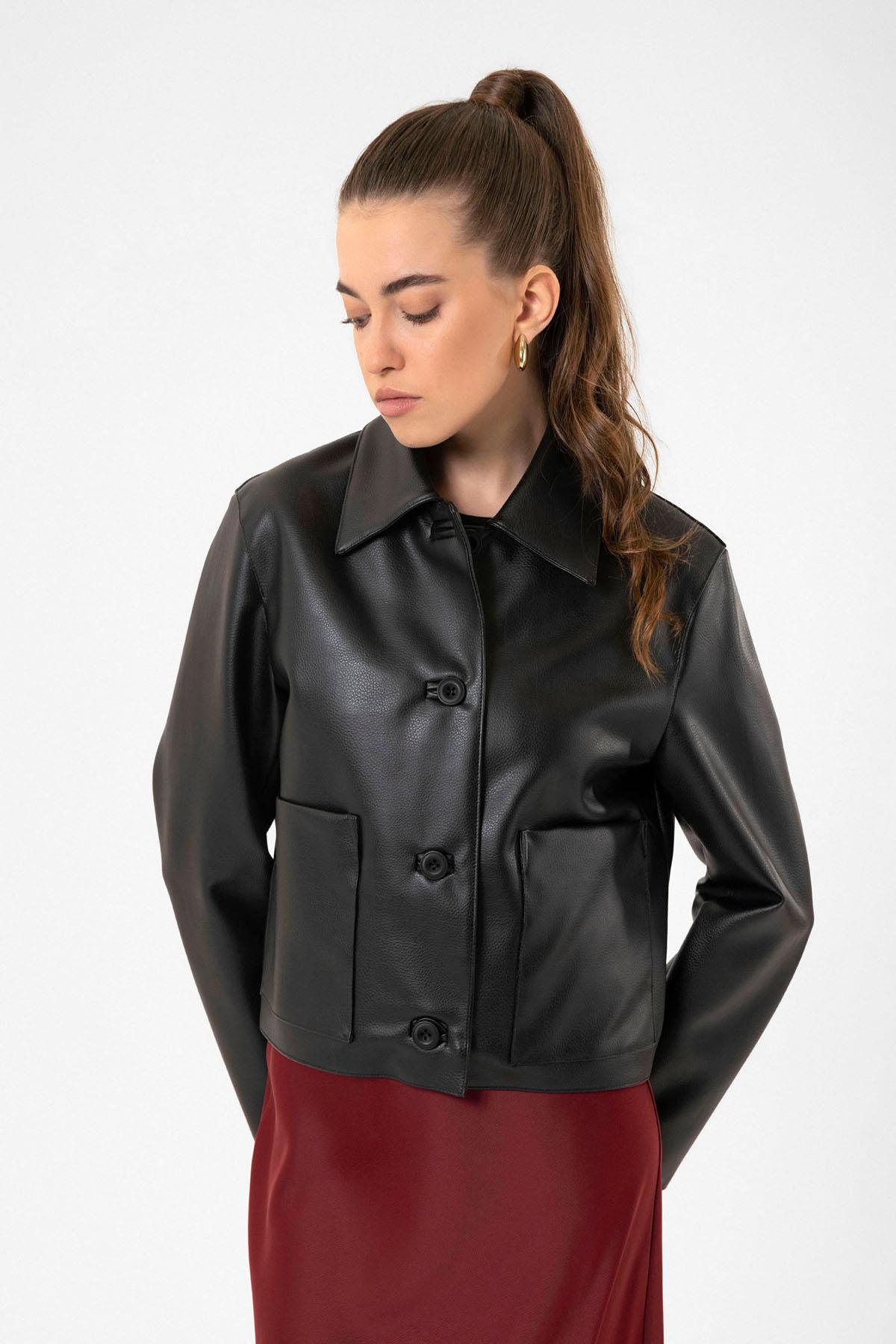 Antioch Siyah Kadın Polo Yaka Suni Deri Ceket