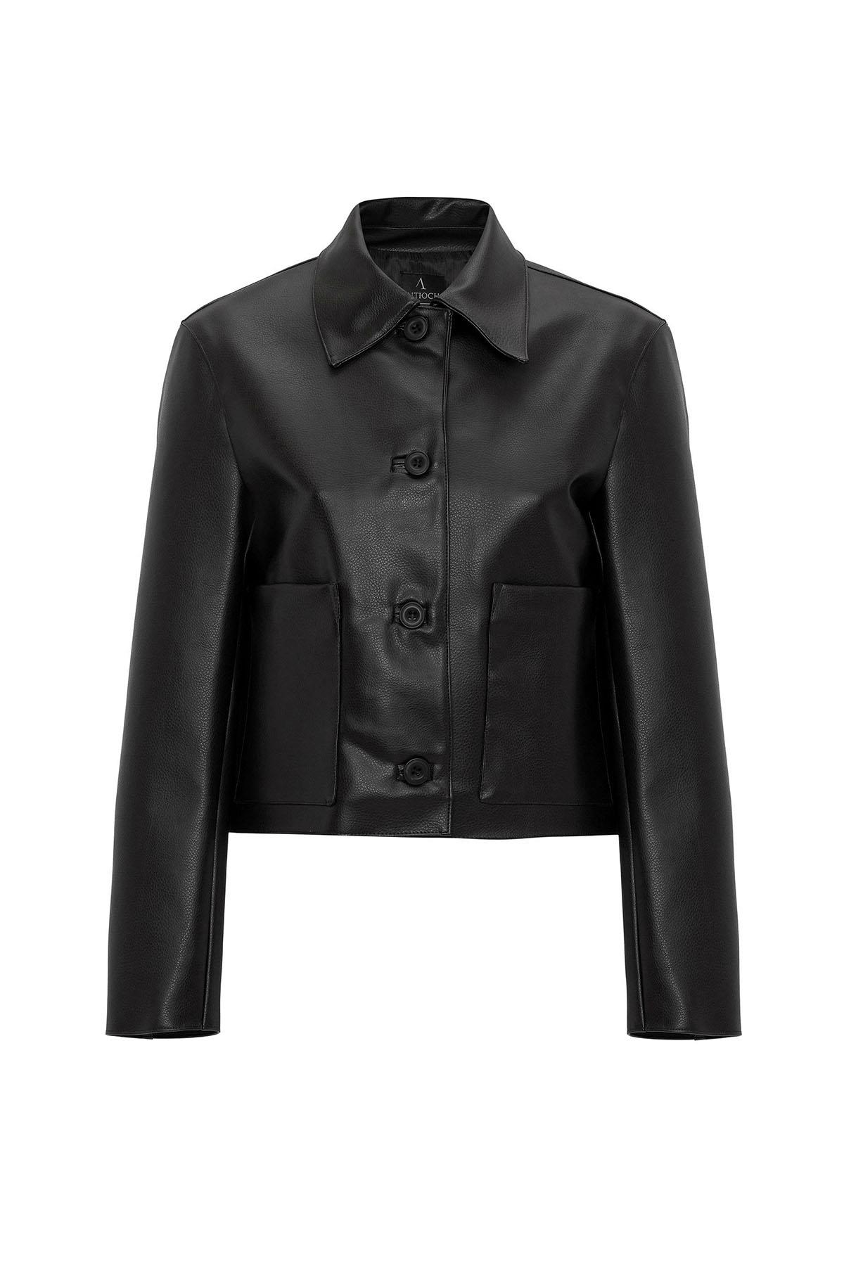 Antioch Siyah Kadın Polo Yaka Suni Deri Ceket