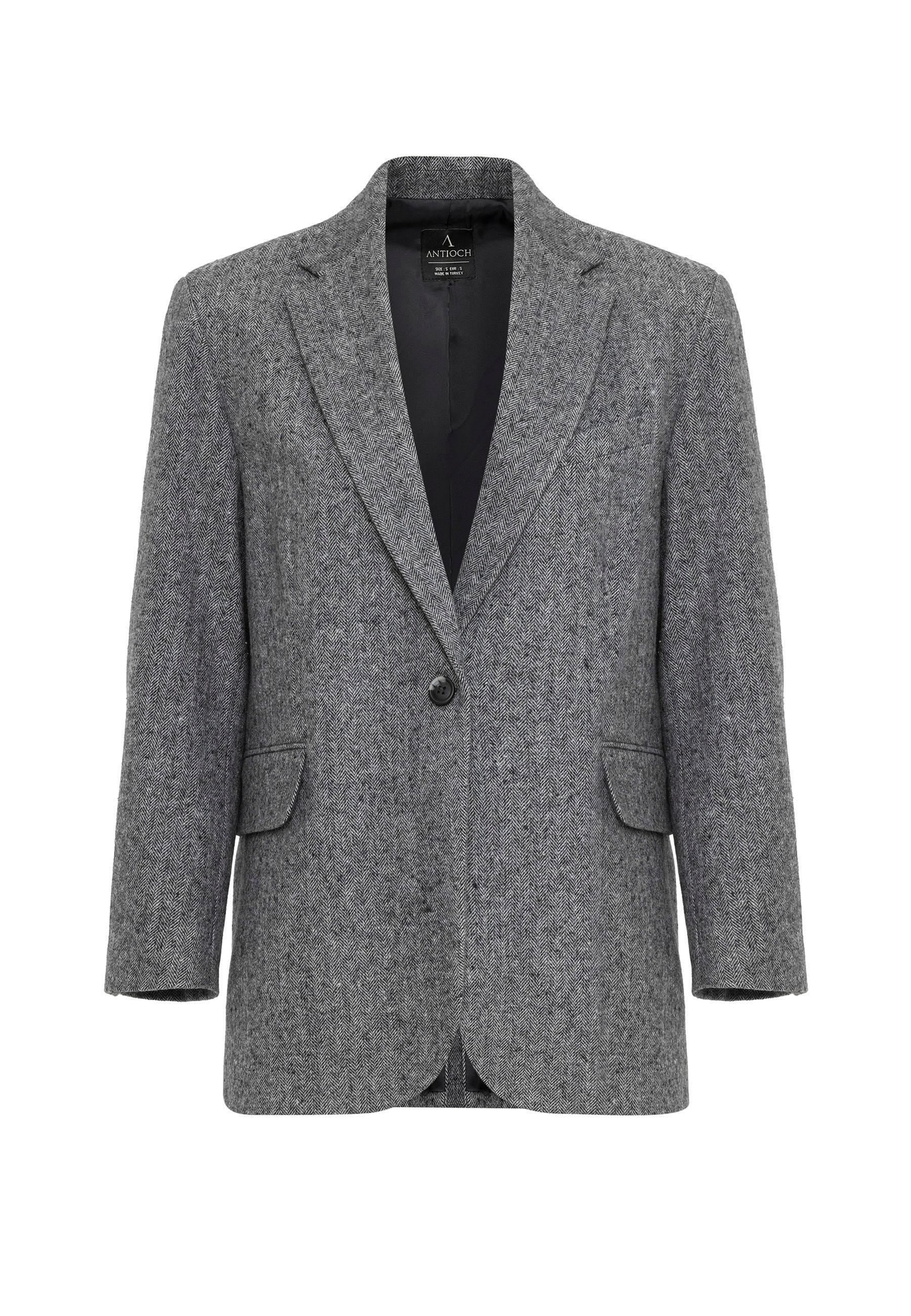 Antioch Siyah Kadın Relax Fit Balıksırtı Desenli Blazer Ceket