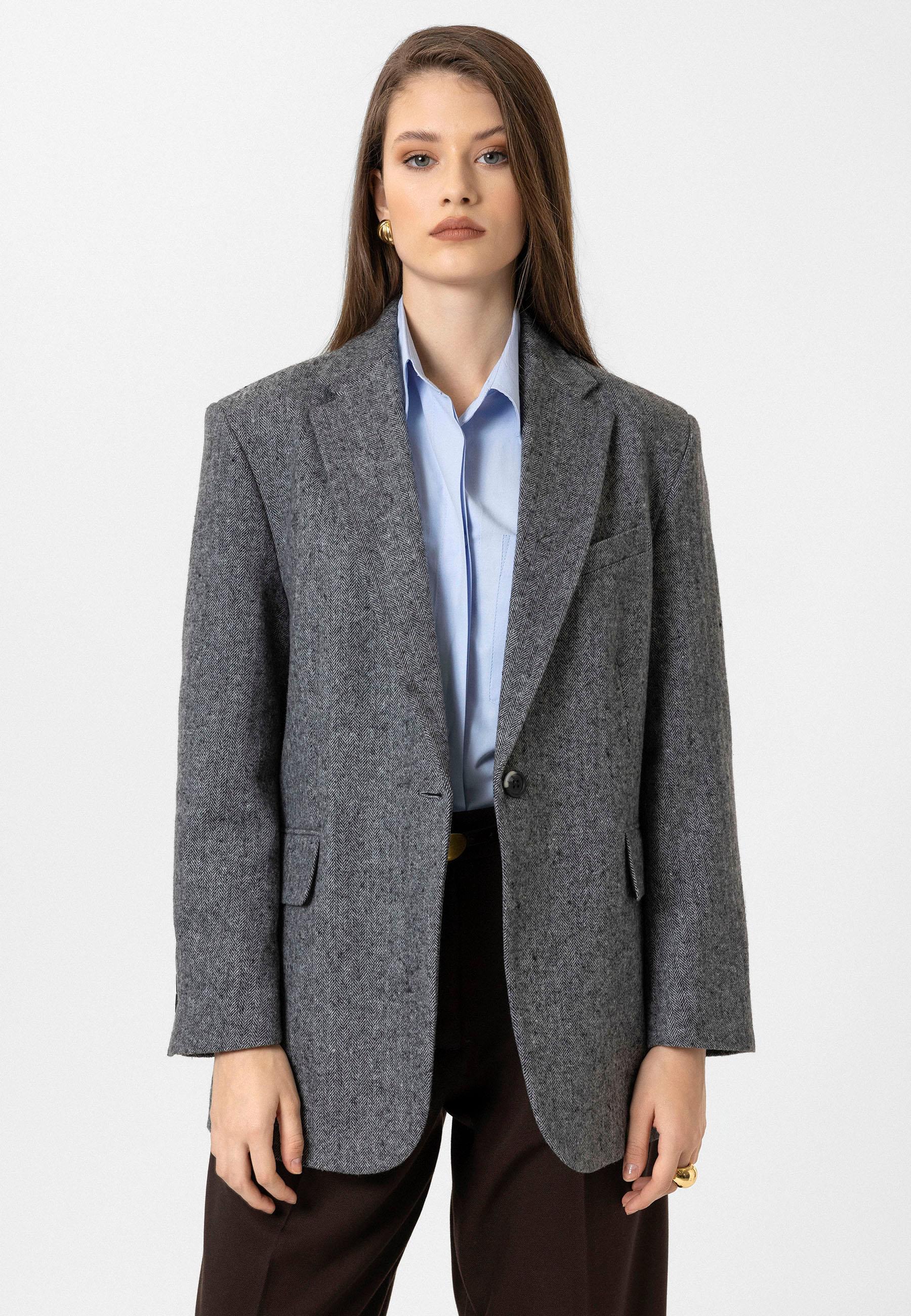 Antioch Siyah Kadın Relax Fit Balıksırtı Desenli Blazer Ceket