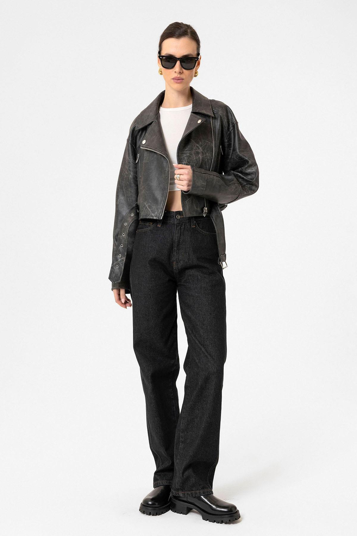 Antioch Siyah Kadın Suni Deri Crop Biker Ceket