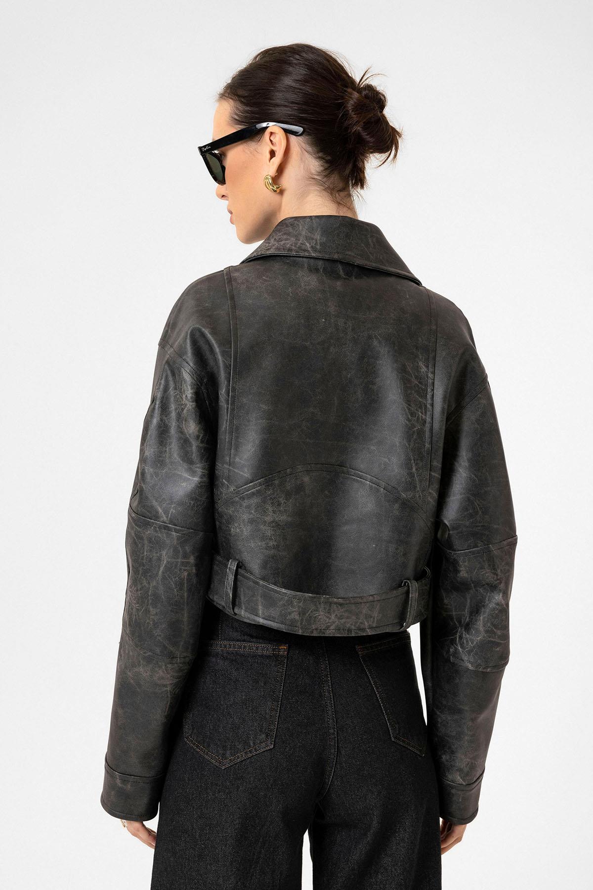 Antioch Siyah Kadın Suni Deri Crop Biker Ceket