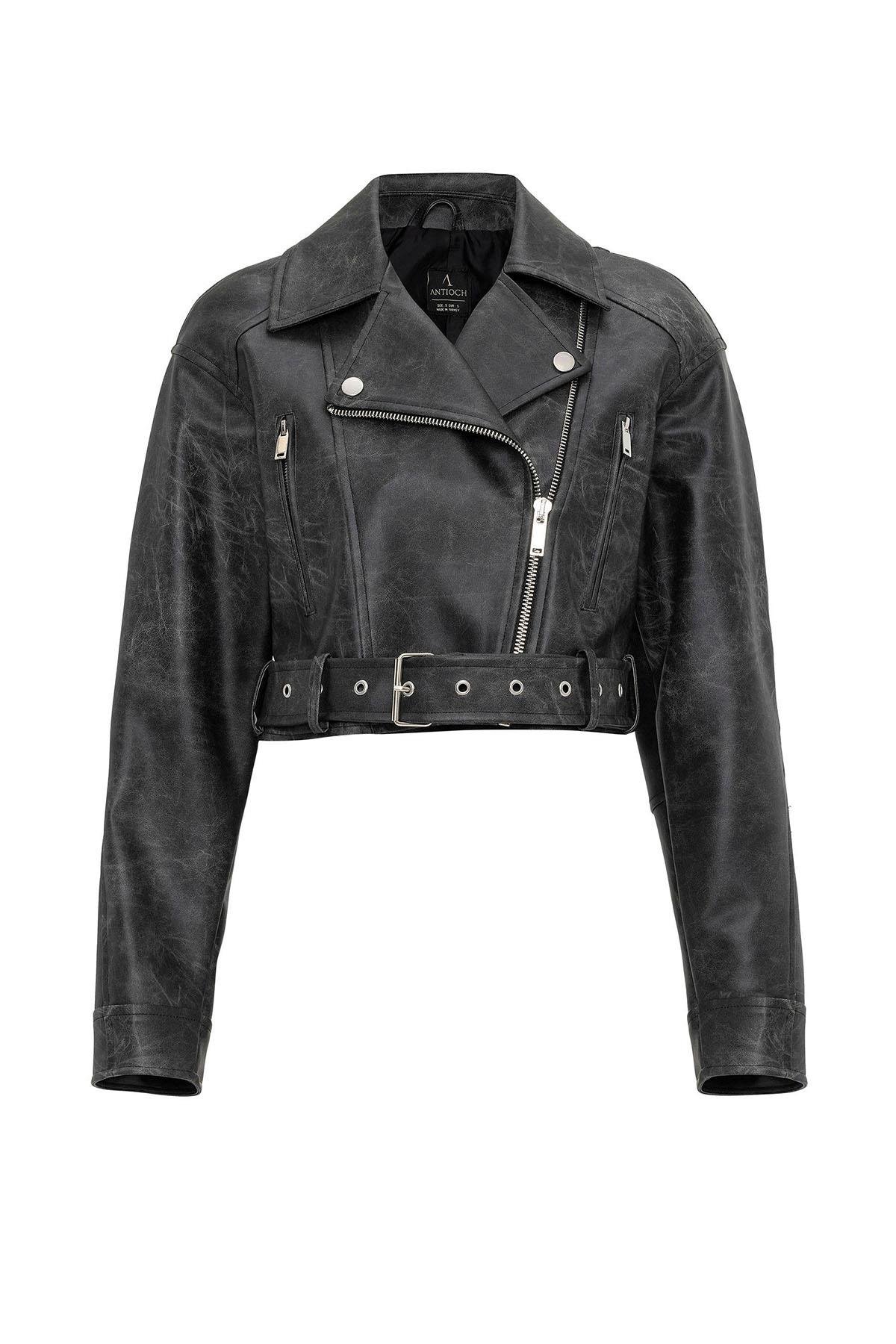 Antioch Siyah Kadın Suni Deri Crop Biker Ceket