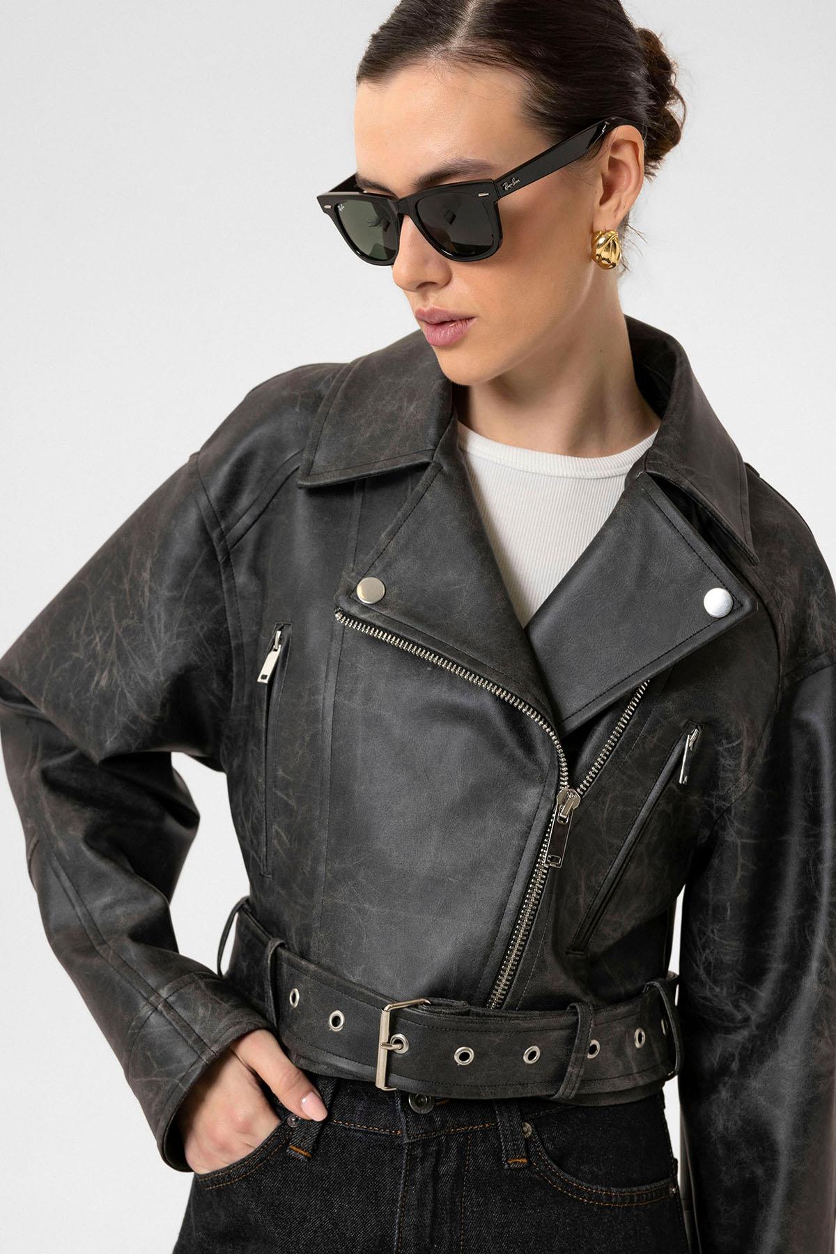 Antioch Siyah Kadın Suni Deri Crop Biker Ceket