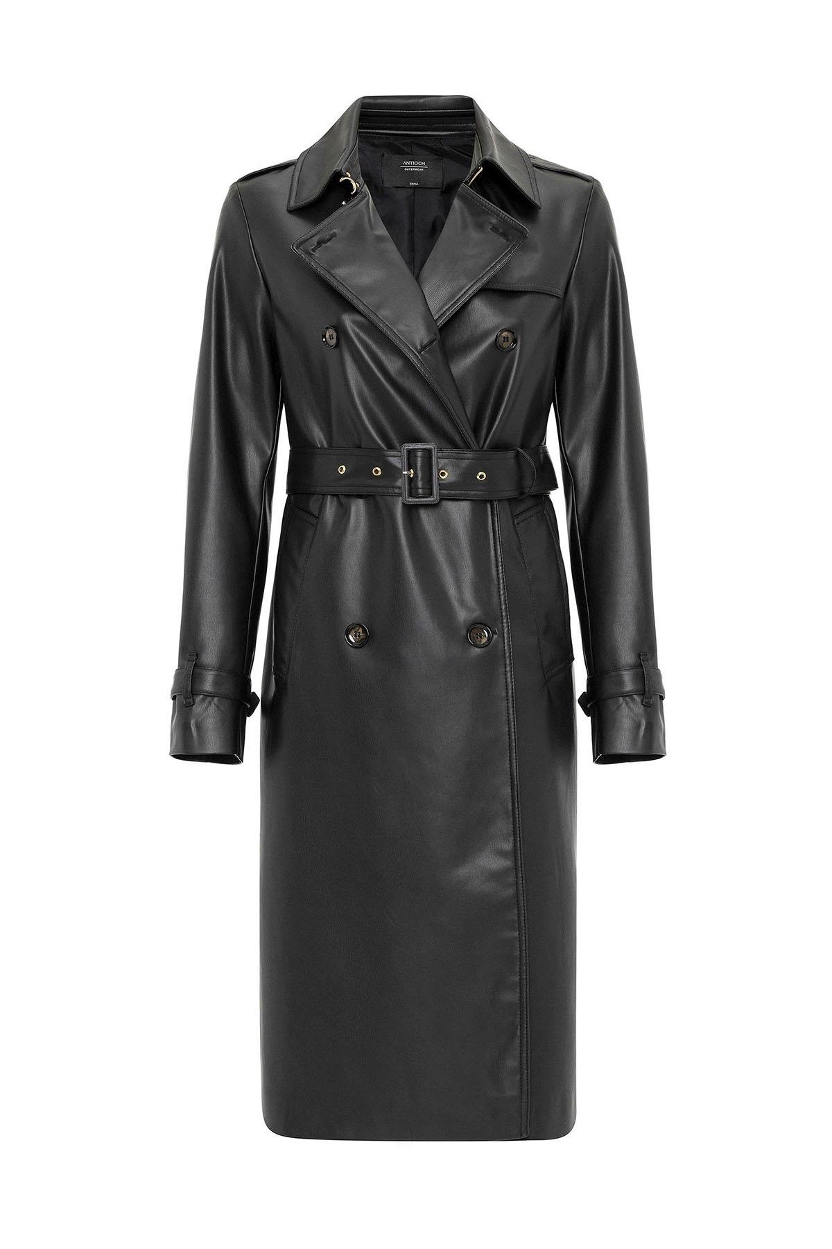 Antioch Siyah Kadın Suni Deri Kemerli Trençkot