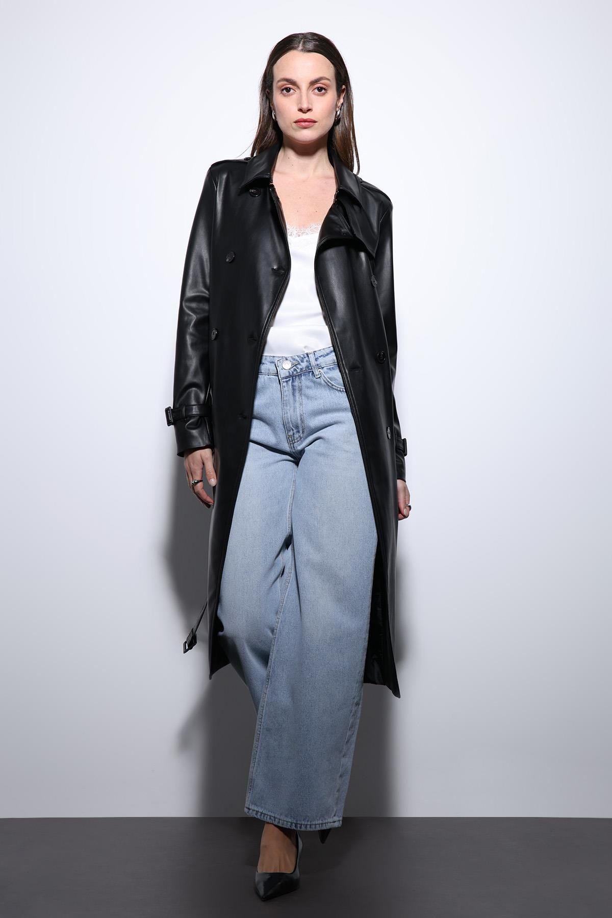 Antioch Siyah Kadın Suni Deri Kemerli Trençkot