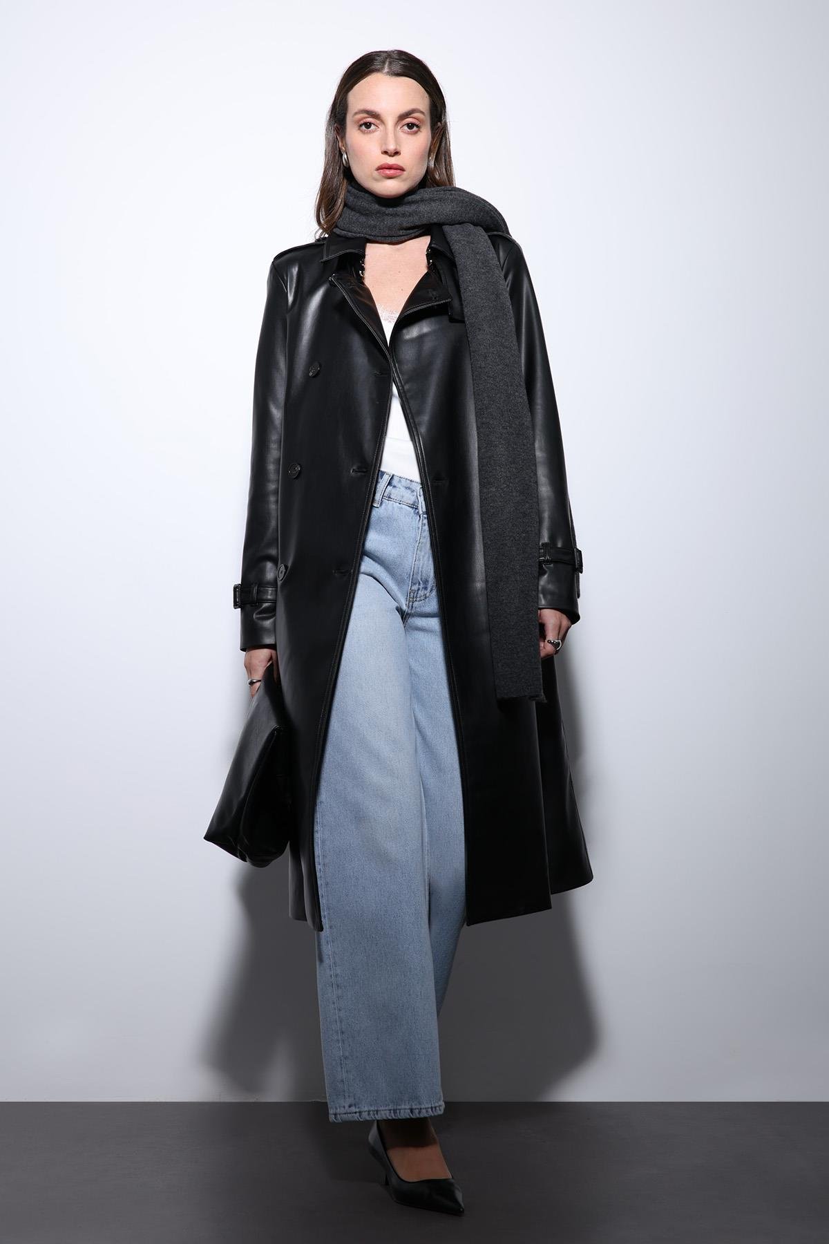 Antioch Siyah Kadın Suni Deri Kemerli Trençkot