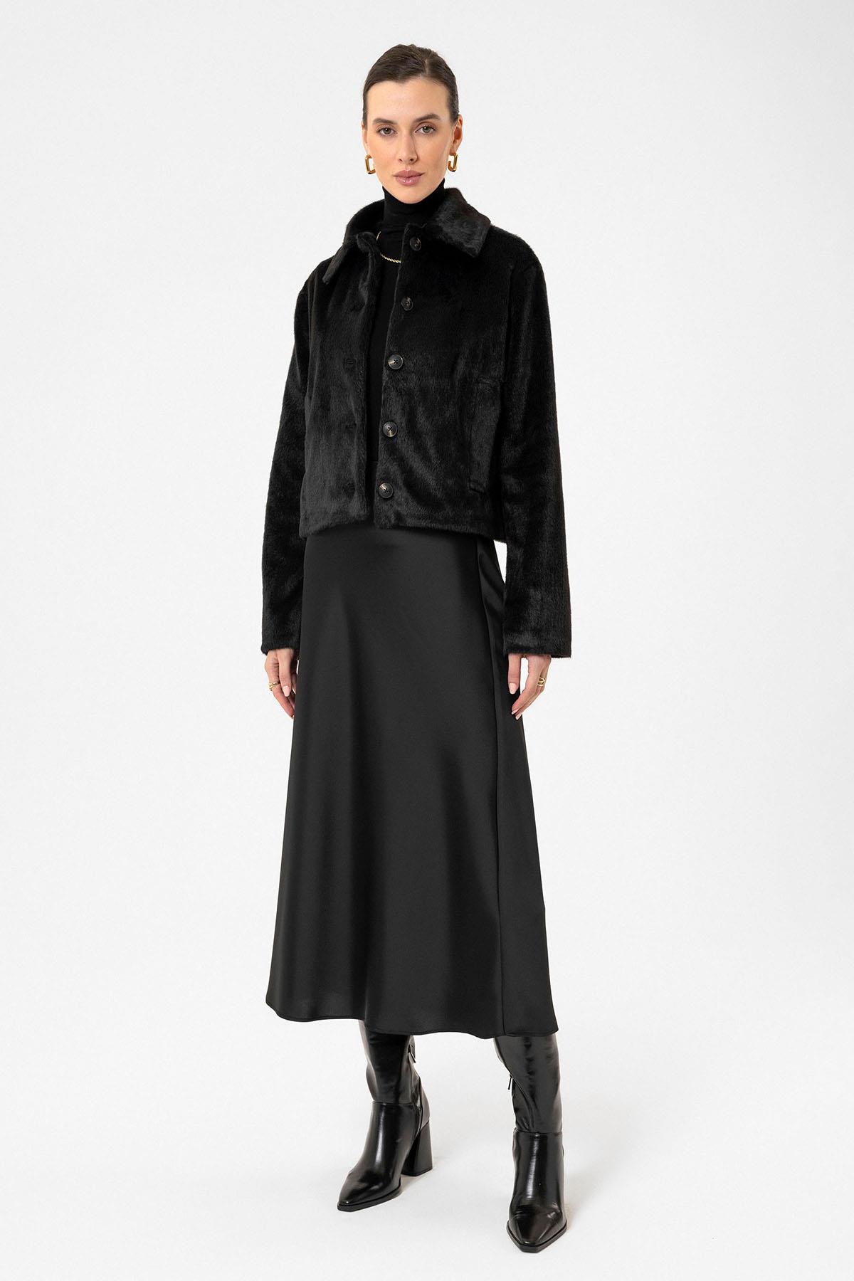 Antioch Siyah Kadın Suni Kürk Crop Mont