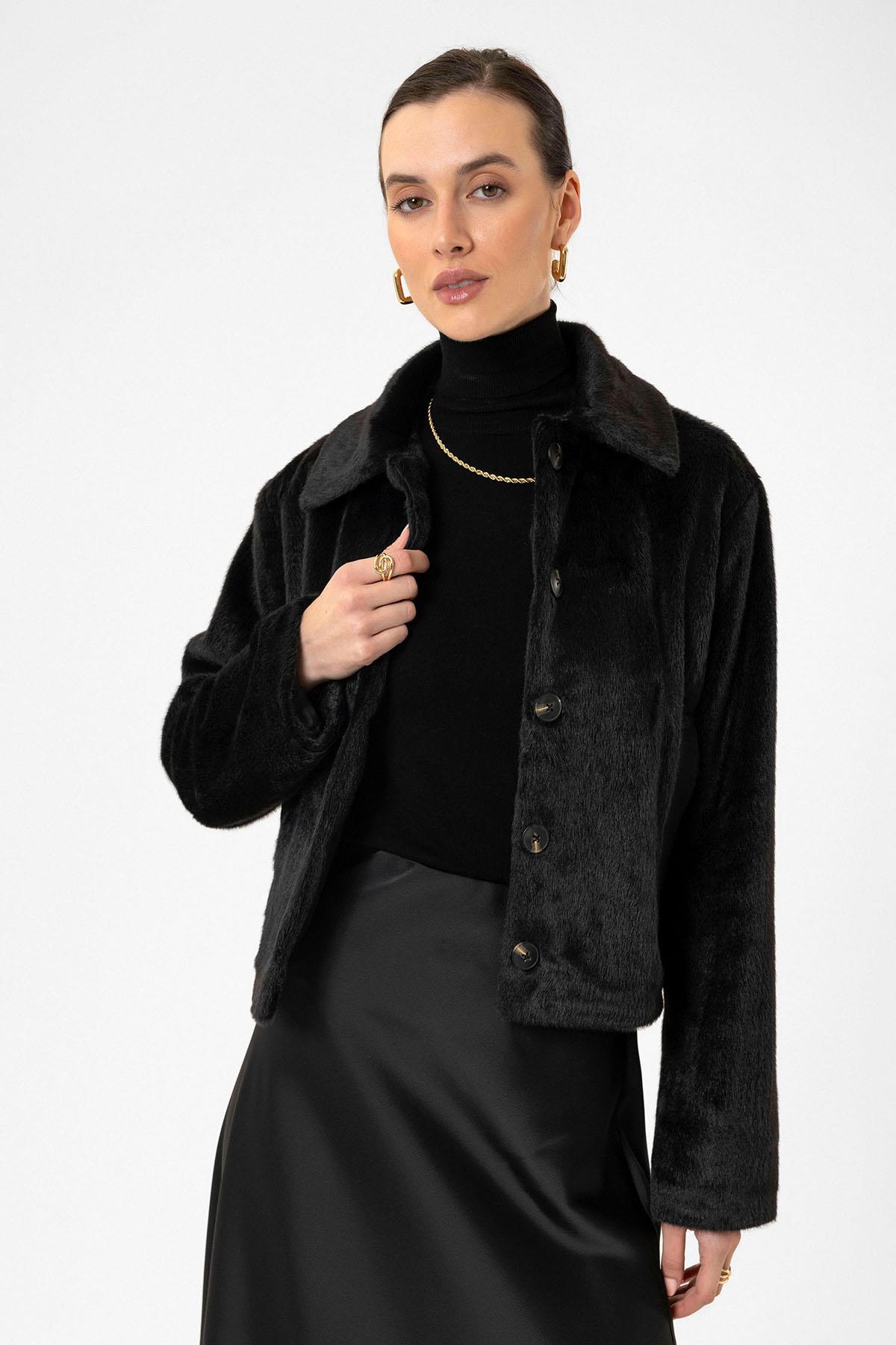 Antioch Siyah Kadın Suni Kürk Crop Mont