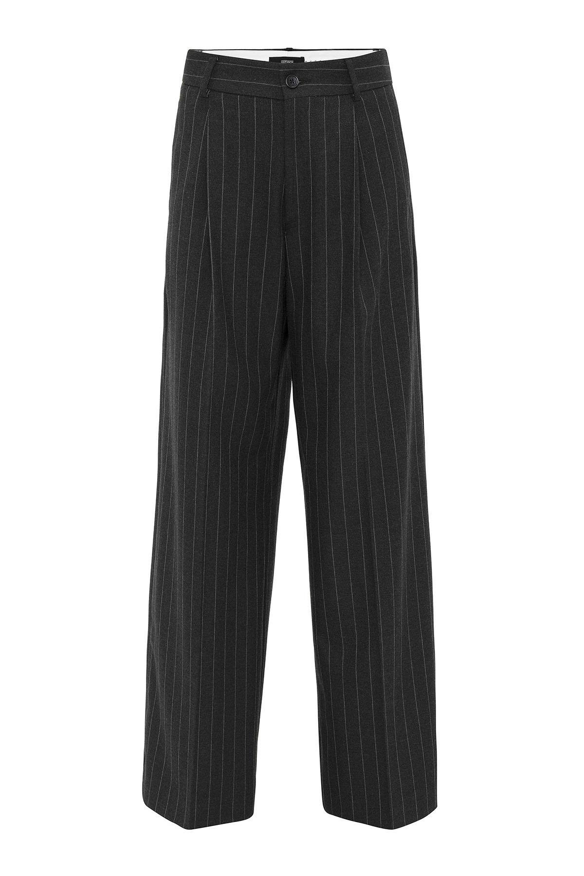 Antioch Siyah Kadın Yüksek Bel Pileli Çizgili Pantolon