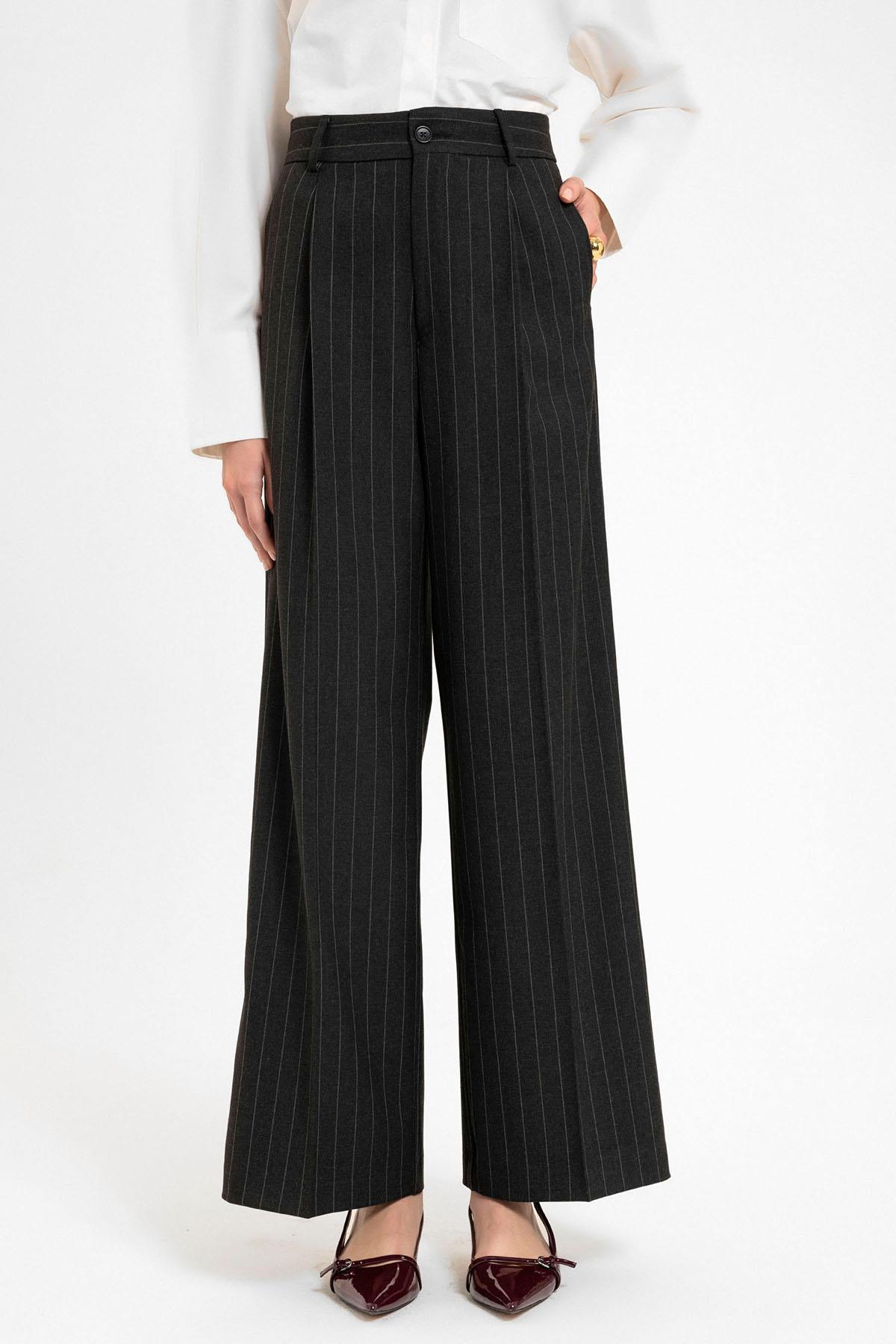 Antioch Siyah Kadın Yüksek Bel Pileli Çizgili Pantolon