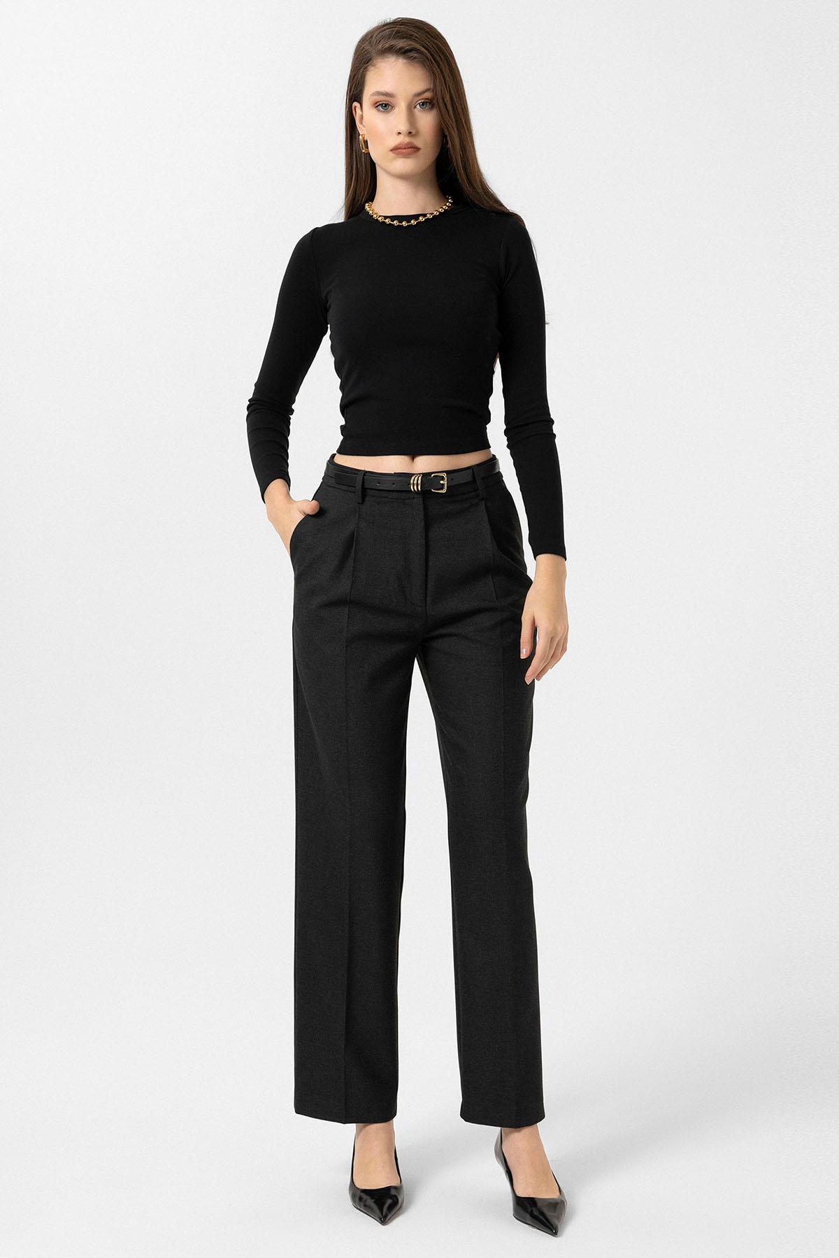 Antioch Siyah Kadın Yüksek Bel Pileli Pantolon