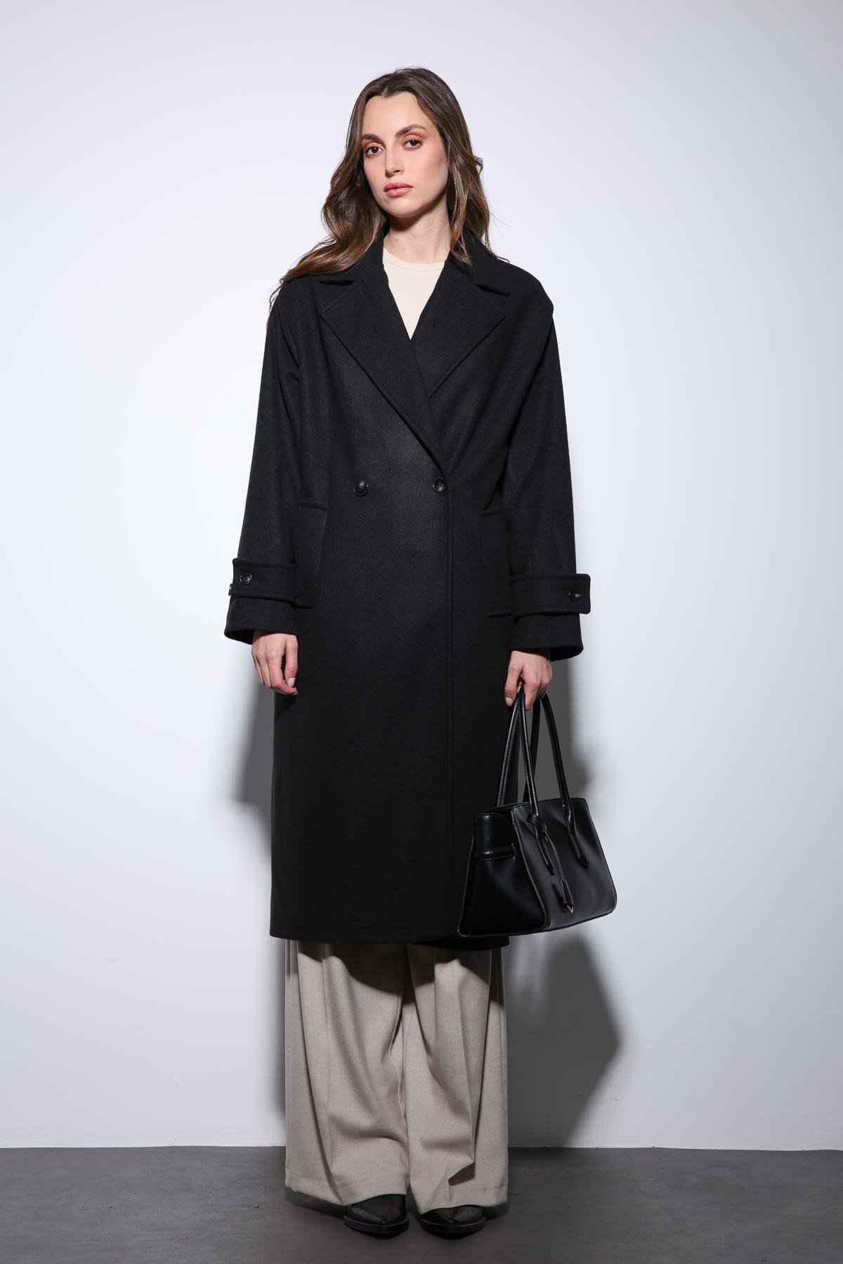 Antioch Siyah Kadın Yumuşak Dokulu Oversize Kruvaze Kaban