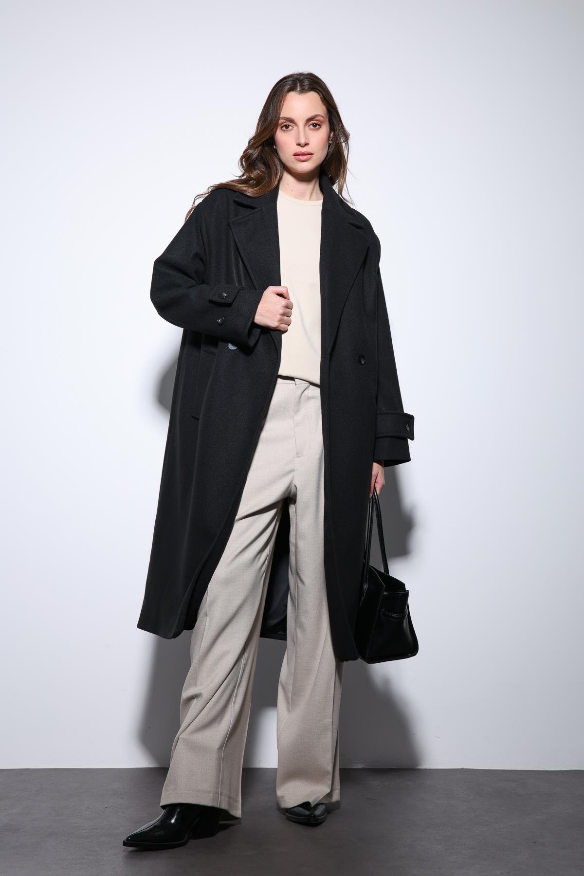 Antioch Siyah Kadın Yumuşak Dokulu Oversize Kruvaze Kaban