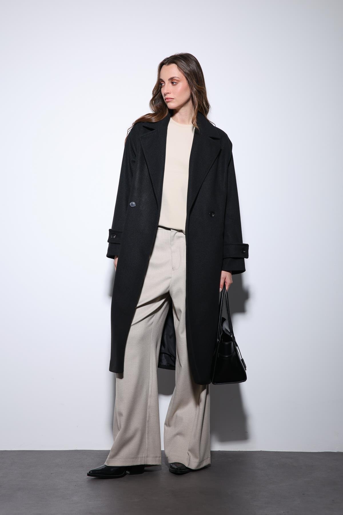 Antioch Siyah Kadın Yumuşak Dokulu Oversize Kruvaze Kaban