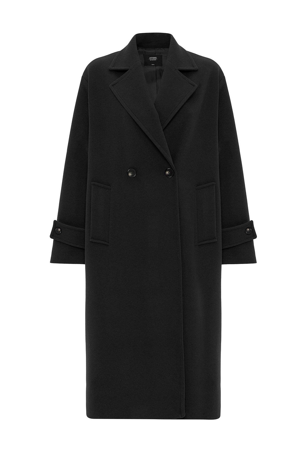 Antioch Siyah Kadın Yumuşak Dokulu Oversize Kruvaze Kaban