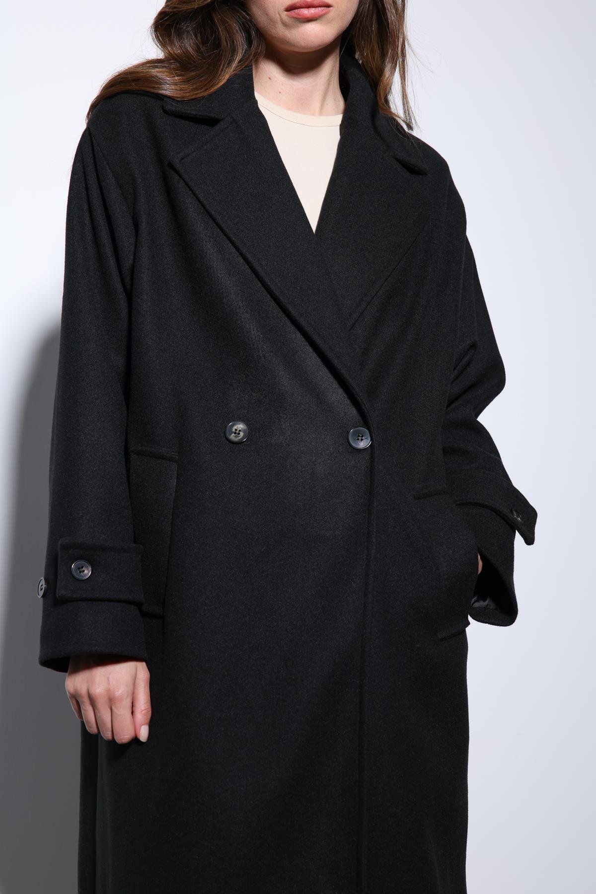 Antioch Siyah Kadın Yumuşak Dokulu Oversize Kruvaze Kaban