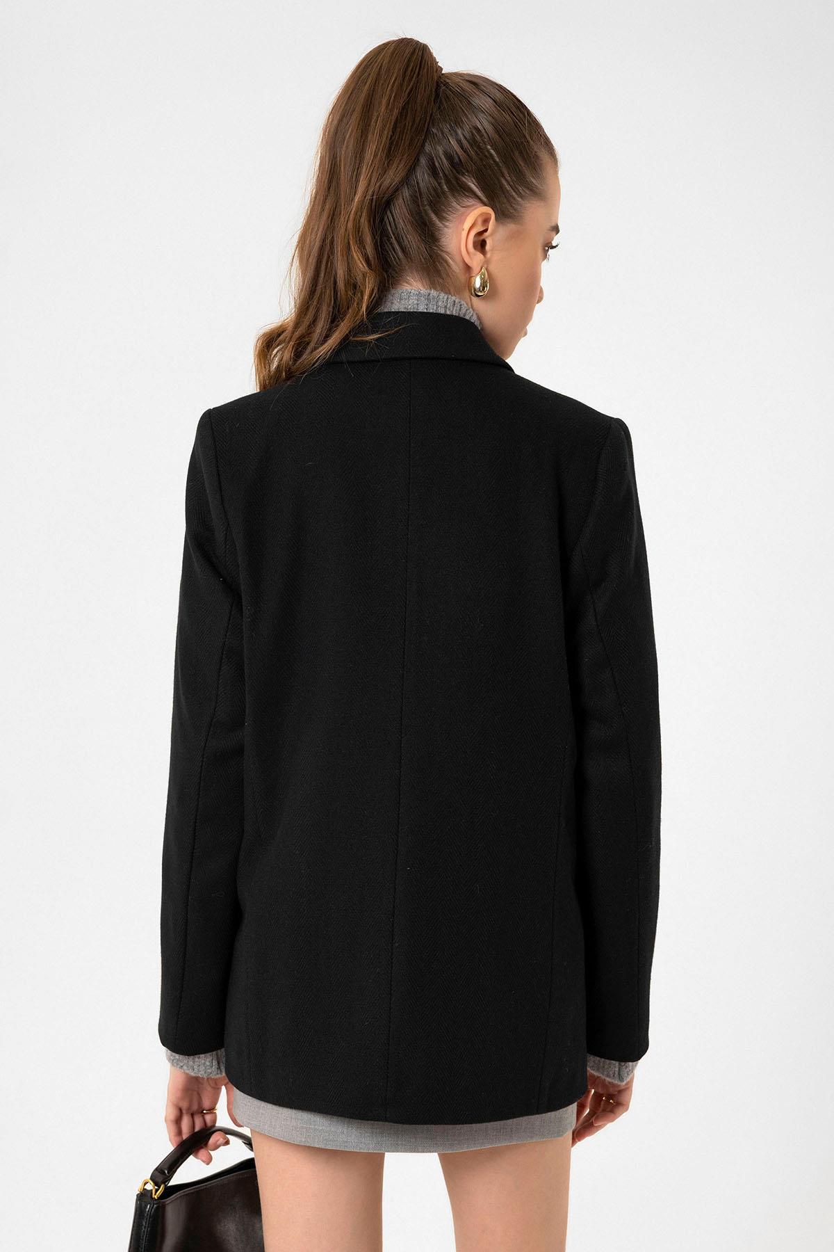 Antioch Siyah Kadın Yün Karışımlı Balıksırtı Desenli Blazer Ceket