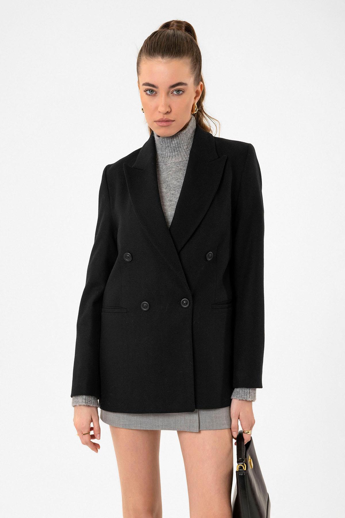 Antioch Siyah Kadın Yün Karışımlı Balıksırtı Desenli Blazer Ceket