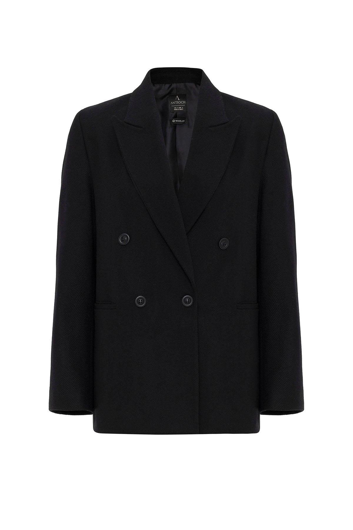 Antioch Siyah Kadın Yün Karışımlı Balıksırtı Desenli Blazer Ceket