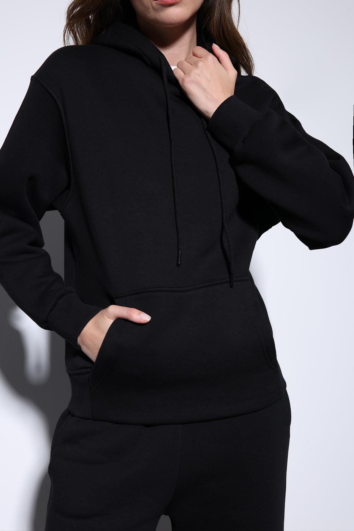 Antioch Siyah Kapüşonlu Basic Kadın Sweatshirt