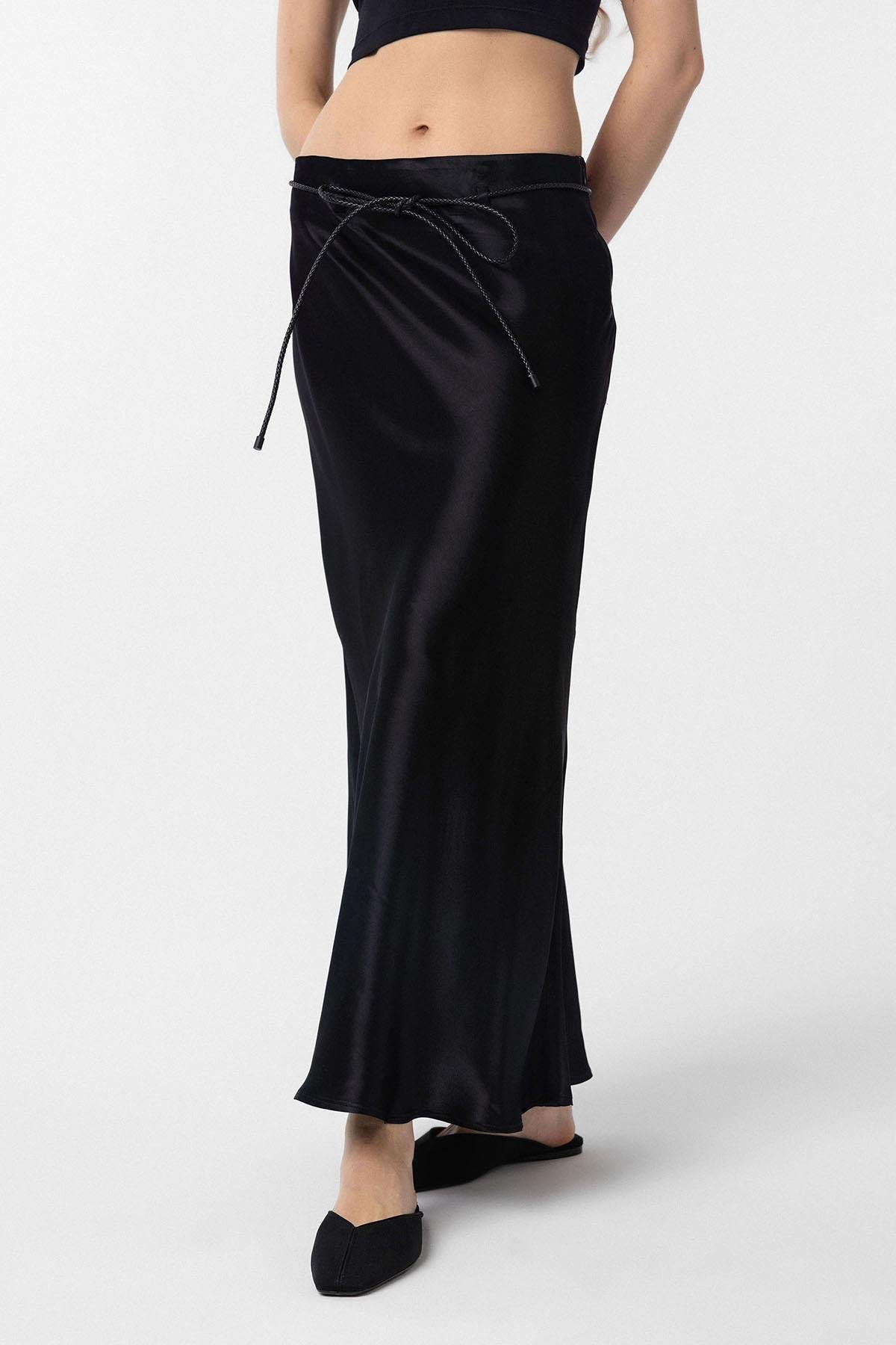 Antioch Siyah Kemerli Saten Uzun Kadın Etek