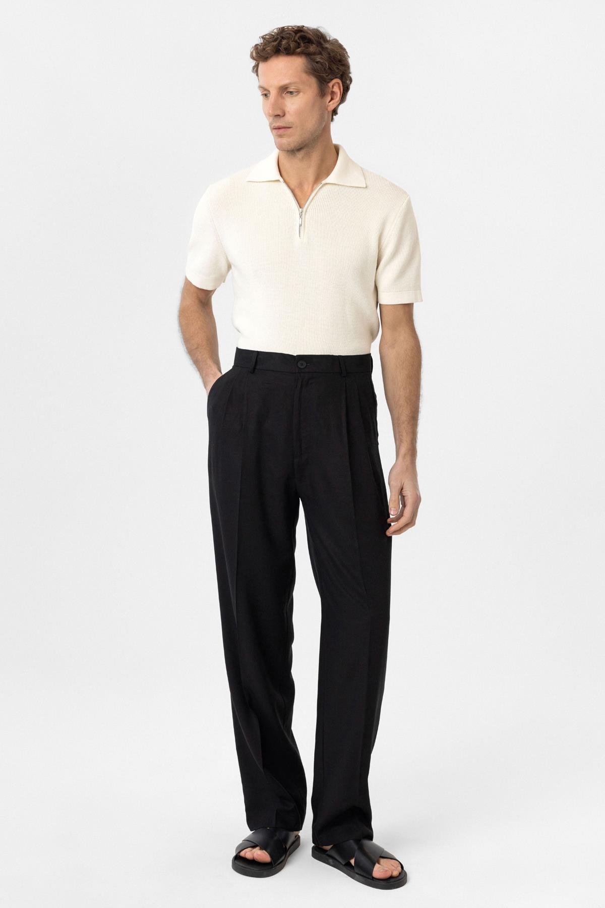 Antioch Siyah Keten Karışımlı Erkek Baggy Pantolon