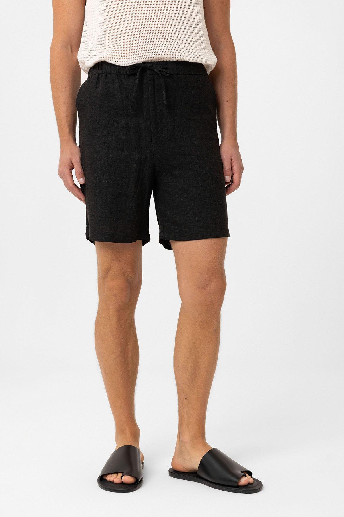 Antioch Siyah Keten Karışımlı Erkek Şort
