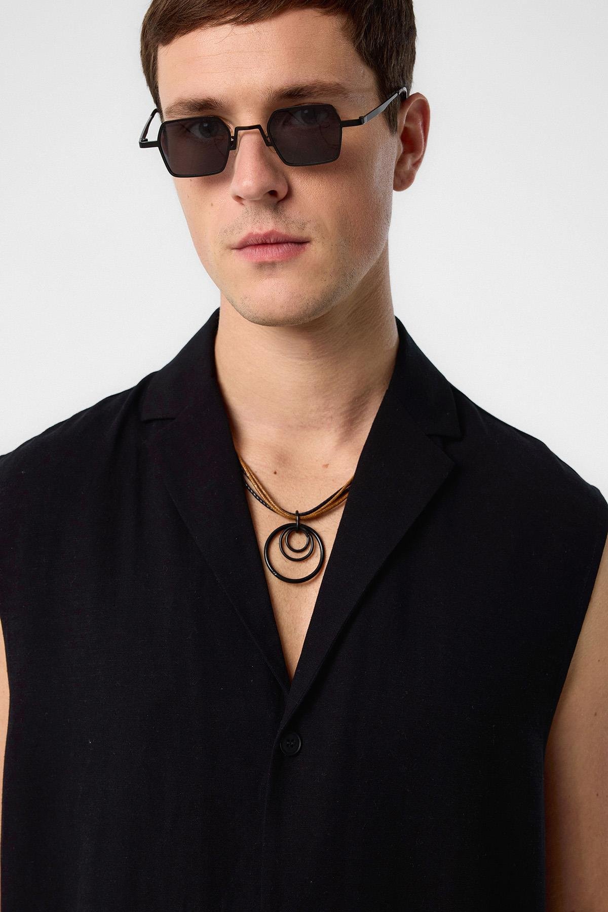 Antioch Siyah Keten Karışımlı Kolsuz Erkek Gömlek