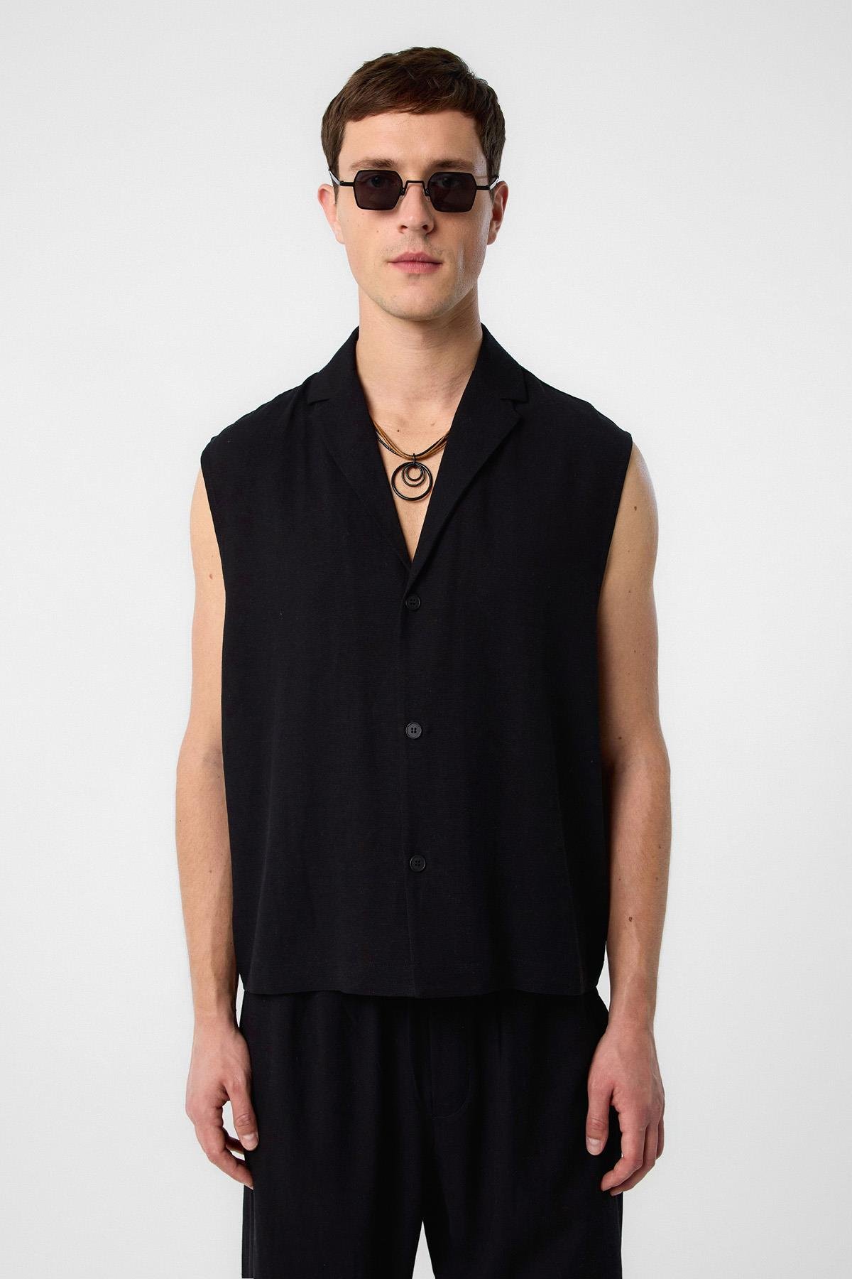 Antioch Siyah Keten Karışımlı Kolsuz Erkek Gömlek