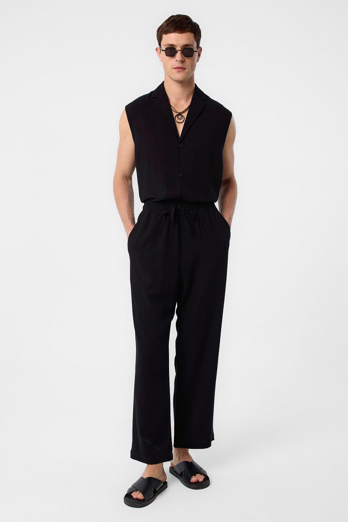 Antioch Siyah Keten Karışımlı Kolsuz Erkek Gömlek