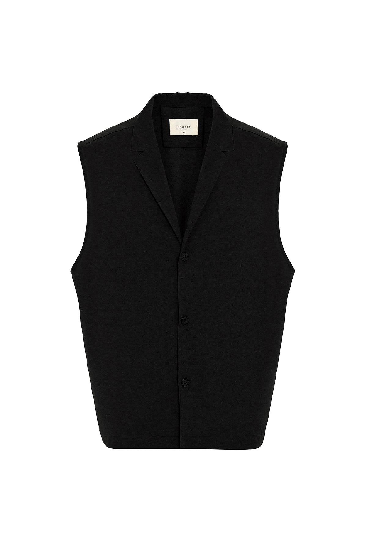 Antioch Siyah Keten Karışımlı Kolsuz Erkek Gömlek