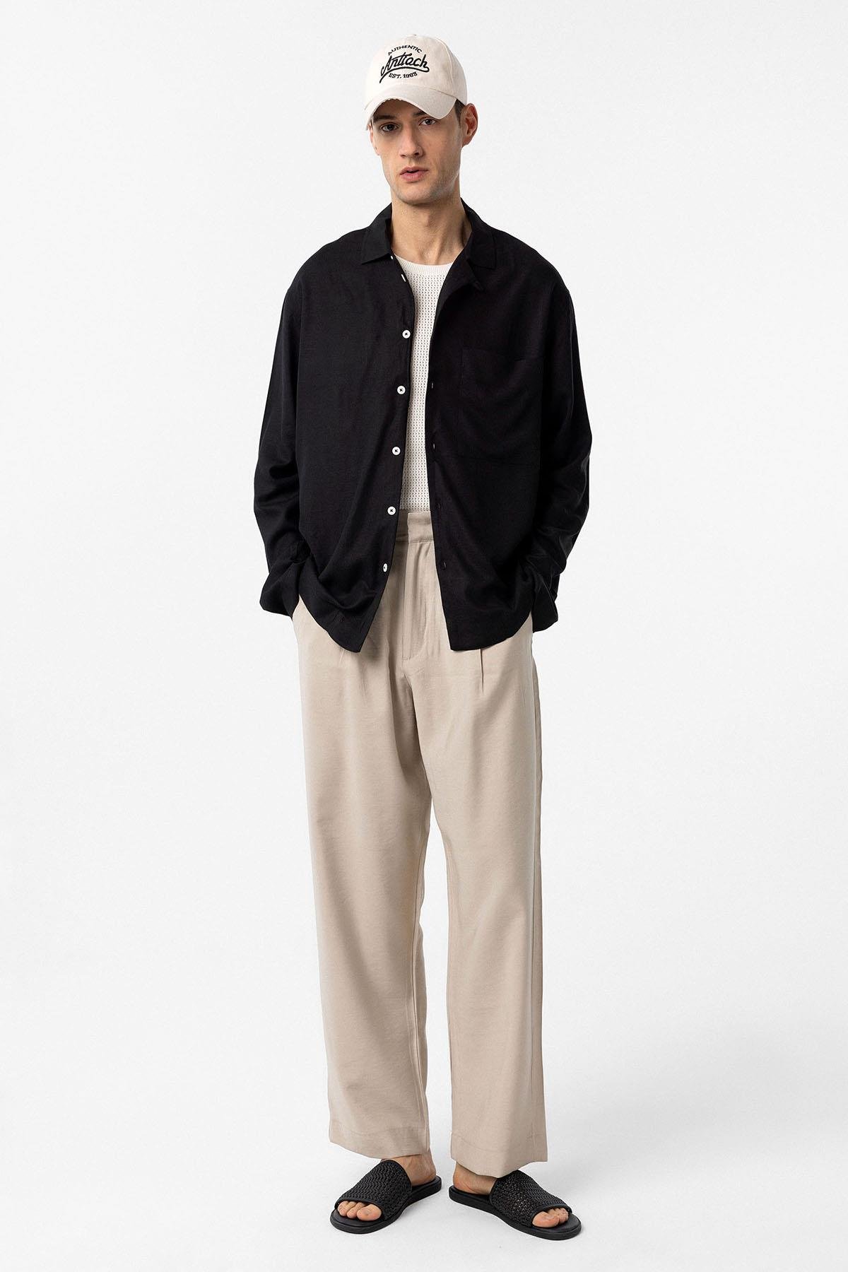 Antioch Siyah Keten Karışımlı Relax Fit Erkek Gömlek