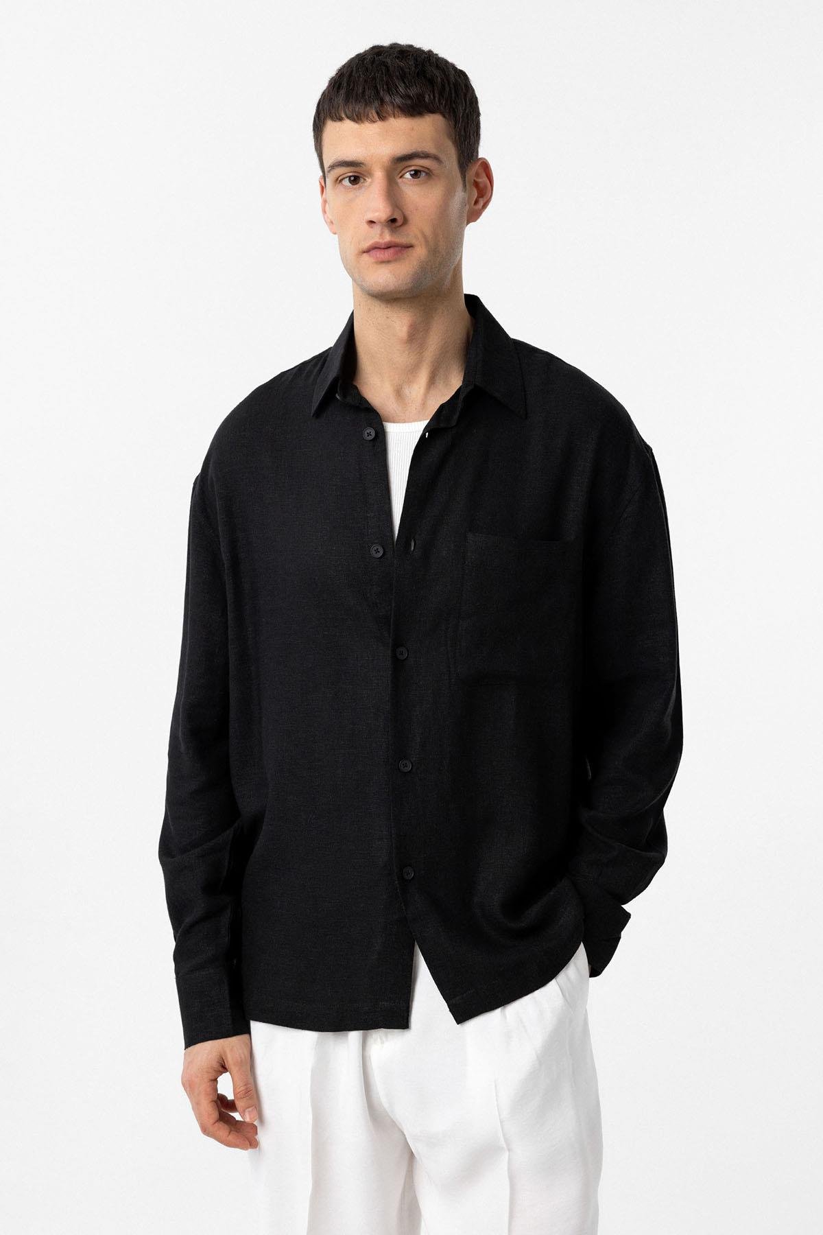 Antioch Siyah Keten Karışımlı Relax Fit Erkek Gömlek