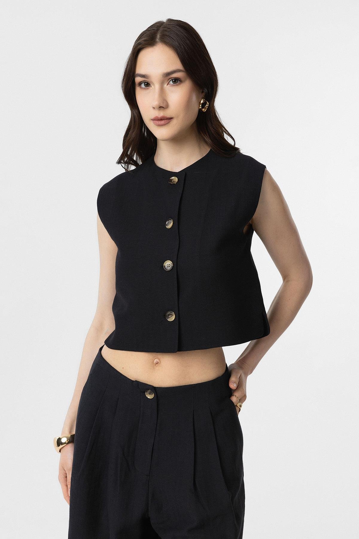 Antioch Siyah Keten Karışımlı Relax Fit Kadın Yelek