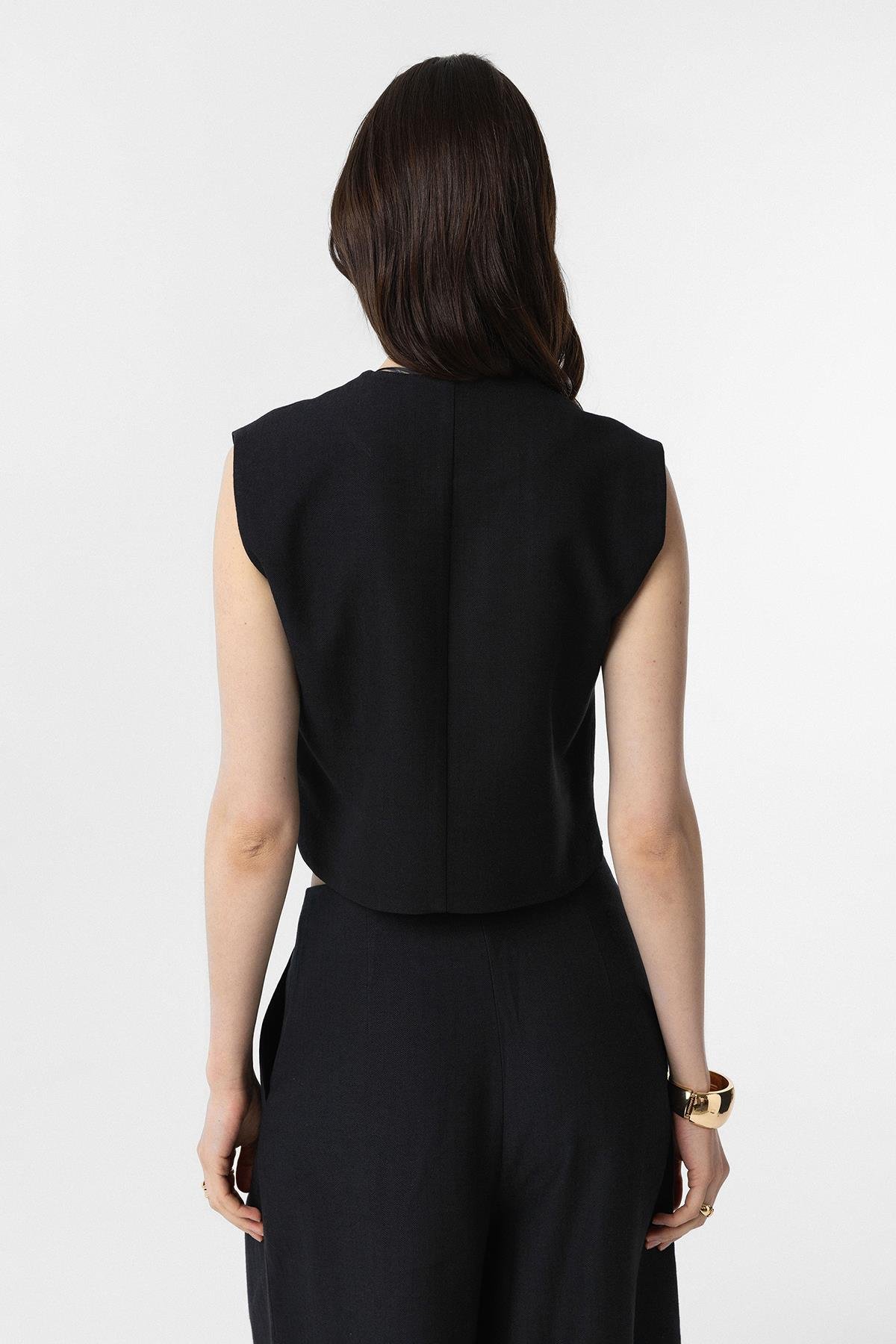 Antioch Siyah Keten Karışımlı Relax Fit Kadın Yelek