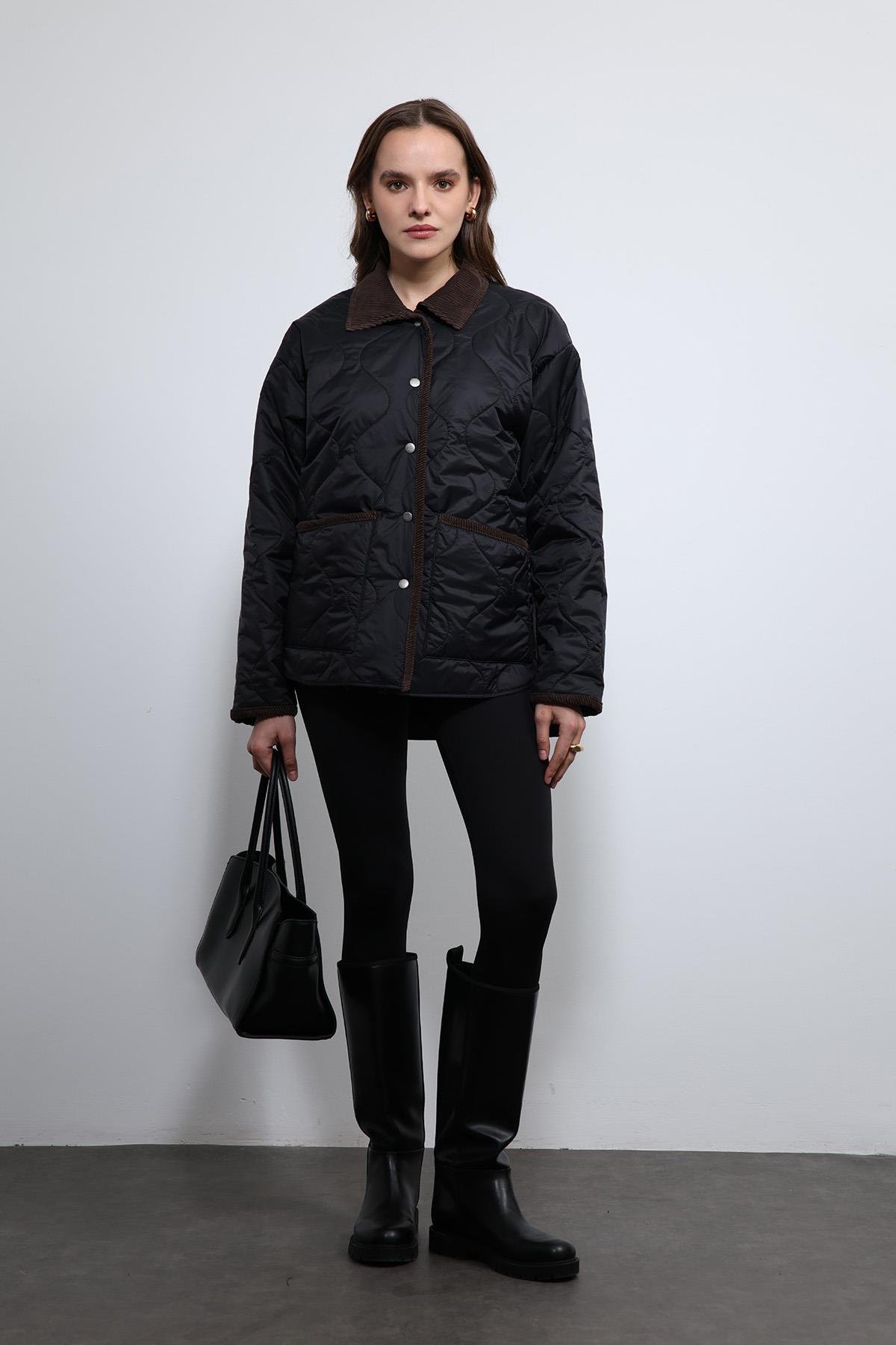 Antioch Siyah Kontrast Yaka Desenli Mont