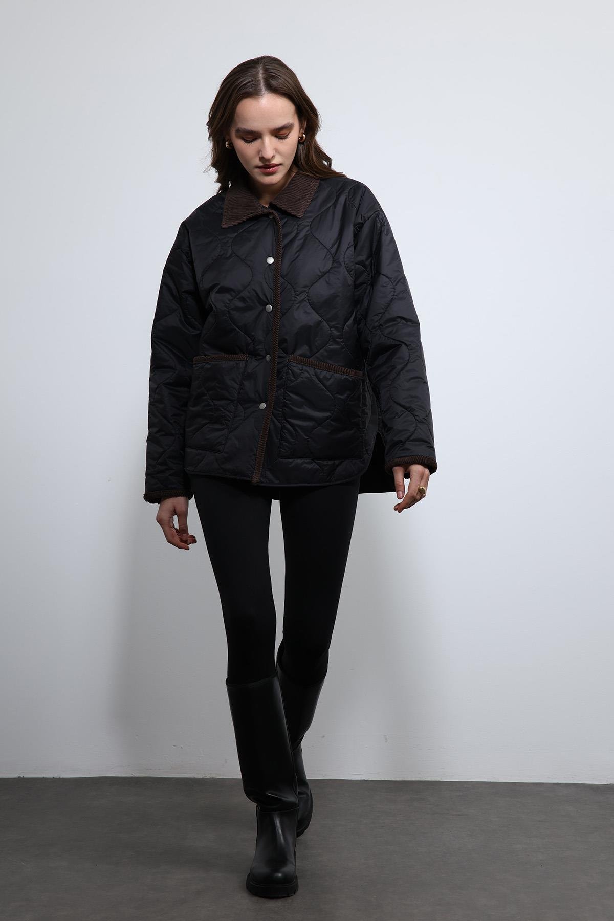 Antioch Siyah Kontrast Yaka Desenli Mont