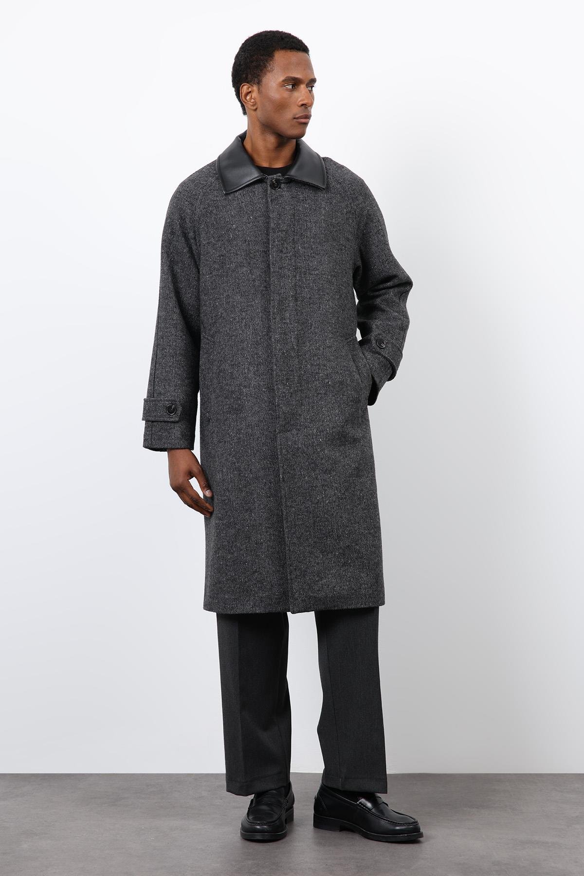 Antioch Siyah Kontrast Yaka Erkek Kaban