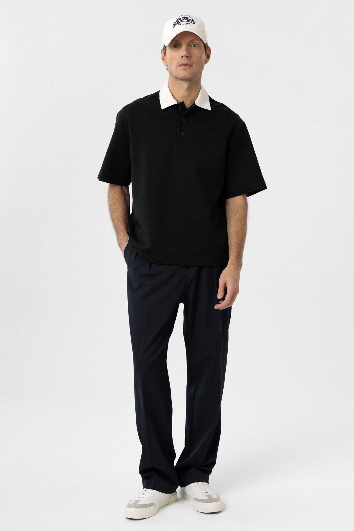 Antioch Siyah Kontrast Yaka İnterlok Dokulu Erkek T-Shirt